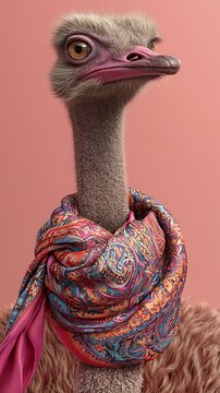 Funny Ostrich Wearing Colorful Patterned Scarf on Pink Background