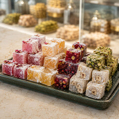 Fototapeta premium Turkish Delight Lokum with Rose, Pistachio and Pomegranate