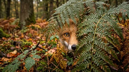 Fototapeta premium Red fox peering from under fern fronds on damp autumn forest floor demonstrating camouflage and cautious wildlife behavior in natural woodland setting