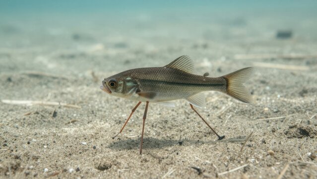 Unique walking fish amphipod walking on sandy ocean floor in shallow tropical sea water with natural sunlight and clear blue background, rare marine creature in natural habitat
