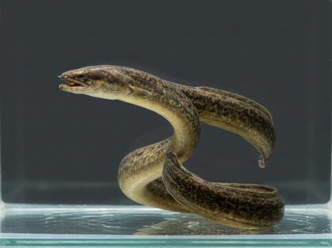A long green snake with a dark head moving and twisting its body in a natural way
