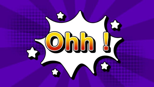 Ohh text word lettering popup comic cartoon reveal with bomb and smoke explosion manga anime book page dots with radial speed lines doodle violet background with seamless loop animation retro clip