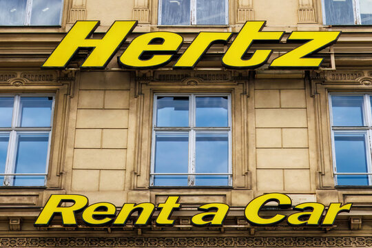 Hertz Rent a Car Banner on the Facade of a Building in Vienna, Austria.