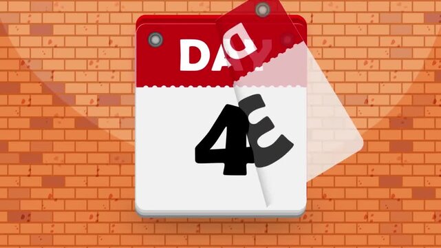 2D animation calendar page flipping to Day 2 hanging on a red brick wall countdown or schedule concept
