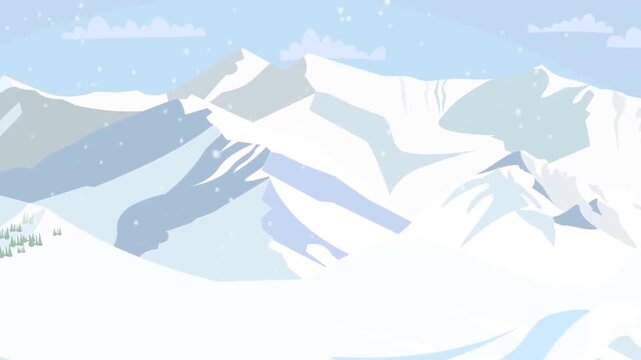 2D animation wide view of snow-covered mountain peaks with pine trees under winter sky nature concept