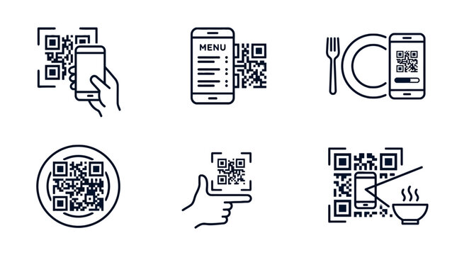 Contactless qr code restaurant menu and ordering icons set