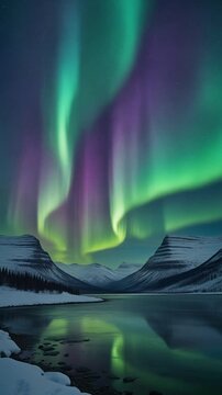 Vibrant Aurora Borealis over Snow-Capped Mountains and Lake Generative AI