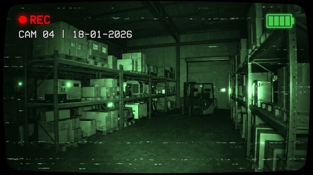Security camera of an industrial warehouse at night with security, warehouse