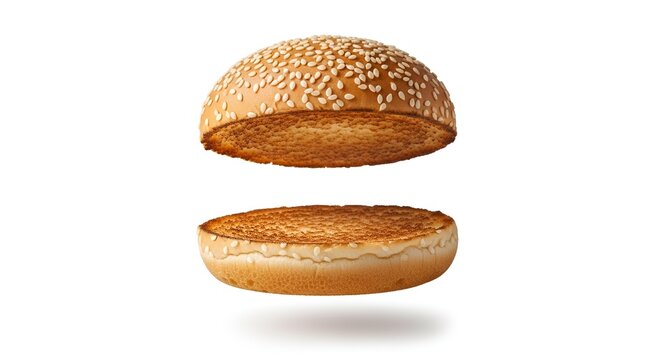 Toasted sesame seed burger bun halves floating on white background