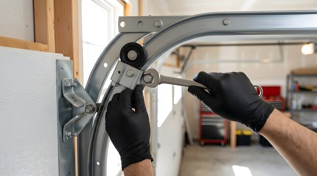 A technician wearing black gloves uses a wrench to adjust and tighten a steel garage door roller assembly on the curved track.