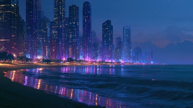 Vibrant cityscape at night with glowing skyscrapers reflected in the ocean waves on a beach