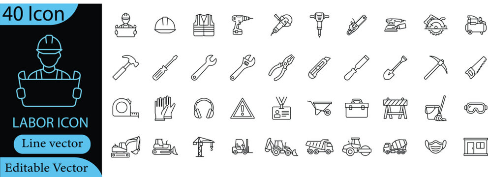 abor and Construction Line Icons Set &ndash; 50 Editable Outline Vector Icons of Workers, Industrial Tools, Safety Equipment and Heavy Machinery Isolated on White
