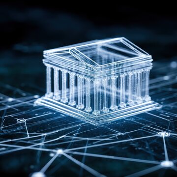 Digital blueprint of a classical bank building connected by network lines
