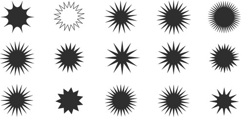 Comic explosion shape collection in black style. Includes abstract burst symbols and speech effect starburst elements © MdSofiar
