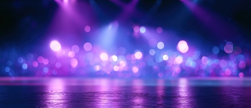 Vibrant purple and blue bokeh lights with a reflective surface concert or party atmosphere