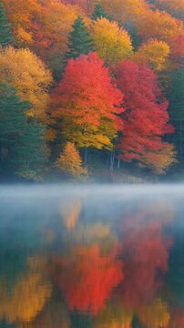 Vibrant Autumn Foliage Reflecting in a Misty Lake Generative AI