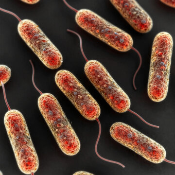 Salmonella typhimurium bacteria, rod-shaped (bacilli), with multiple peritrichous flagella protruding from the cell surface.