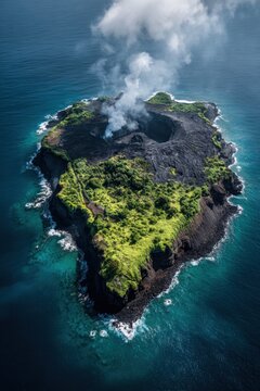 Drone view shows a volcanic island surrounded by ocean with smoke rising from the crater and black lava fields covering the landscape