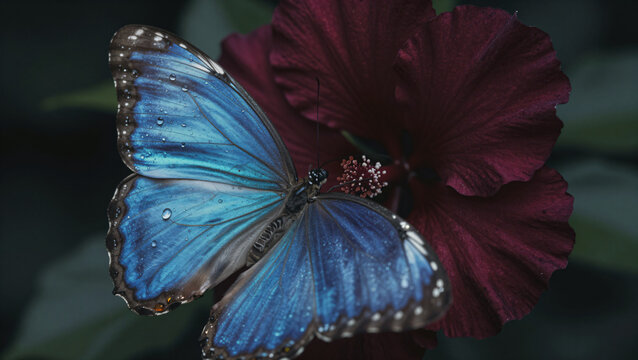 Blue morpho butterfly resting on a dark red hibiscus flower