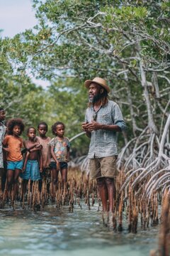 Indigenous community leader guides children through mangrove forest during a community learning session on the importance of nature and environmental stewardship in their local area