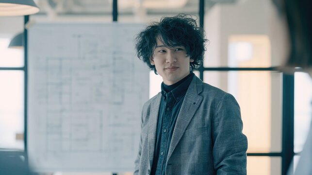 Professional Japanese Staff Member Explaining Blueprints in Meeting Room
