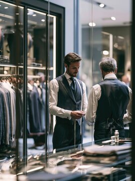Tailor Measuring Groom in Modern Store Reflection