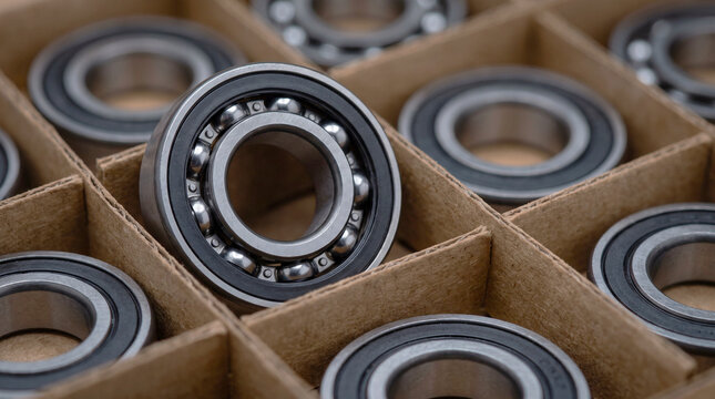 Close-up of ball bearings neatly arranged in individual cardboard compartments for industrial storage and supply