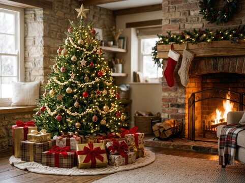 Beautiful christmas tree with bright lights and many wrapped gift boxes in a cozy living room with a warm fireplace and stockings