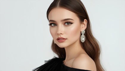 Fototapeta premium Elegant Brunette Woman Beauty Portrait with Natural Makeup Flawless Skin and Radiant Eyes in Professional Studio Close Up Fashion Skincare Photography