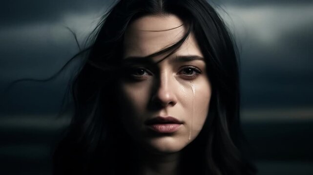 A woman with dark hair has tears on her face She is staring forward against a blurred dark background
