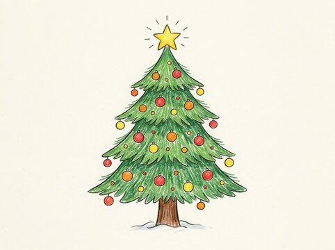A hand drawn sketch of a green christmas tree decorated with colorful ornaments and a bright yellow star on the very top