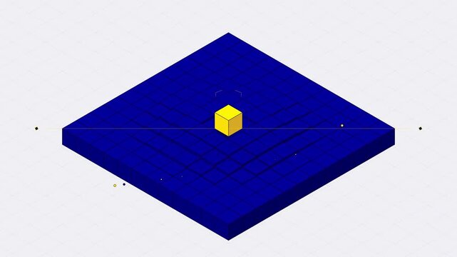 Minimalist isometric 3D illustration of a yellow cube on a blue platform. Abstract pixel art for web design and tech.