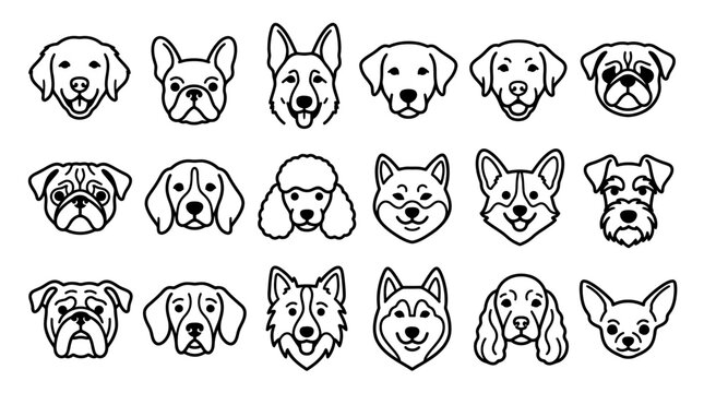 Diverse set of dog head icons in black-and-white line art&mdash;grid of breed portraits for logos, mascots and branding