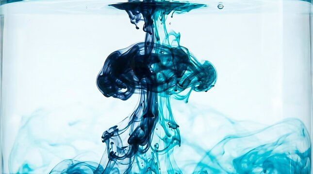 Blue ink droplet descending in clear fluid abstract shape formation