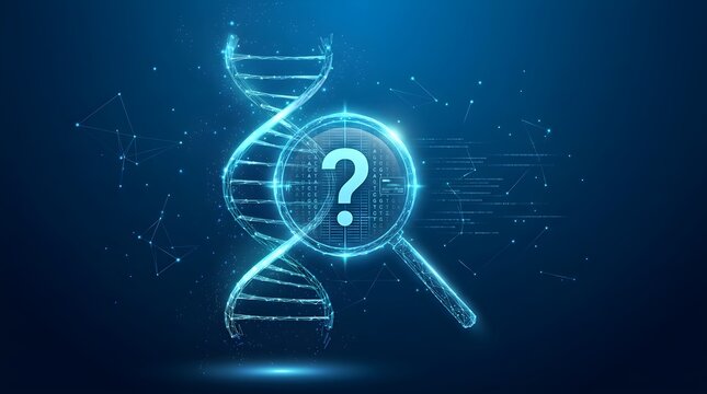 Digital DNA Helix Model Examined with a Magnifying Glass Featuring a Question Mark Symbol for Genomic Research and Genetic Analysis Concept