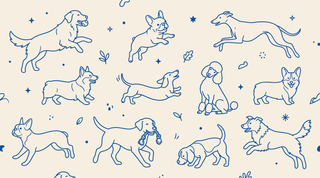 Collection of playful blue outline dogs in multiple poses on a light beige background