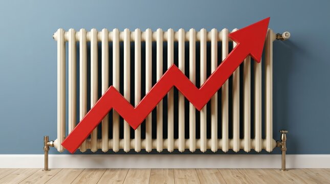 Heating costs rising with a red upward arrow pointing over a radiator.
