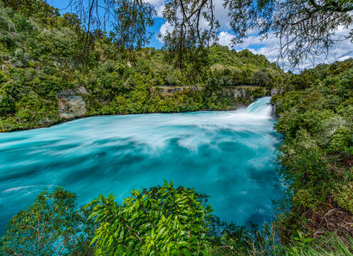 Huka Falls, Waikato River, Taupo, Neuseeland, Cyathea dealbata, reissender Wasserfall mit tuerkisfarbenem Wasser im Gruen der Natur, Langzeitbelichtung, Flusslauf, Tourismus