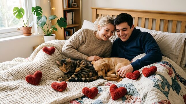 Young couple lying on bed cuddling with cat and golden retriever puppy.