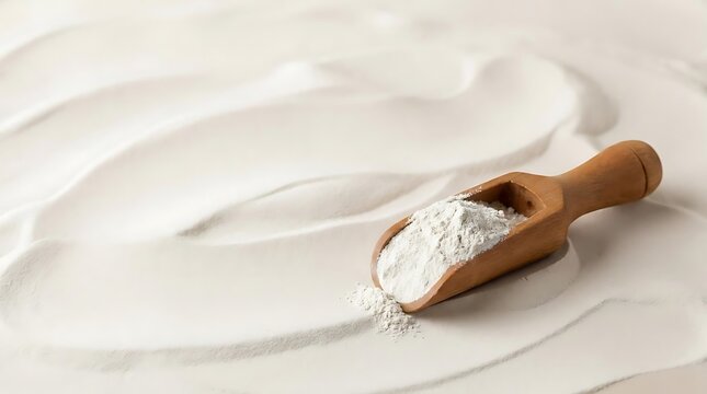 Powdered ingredient in wooden scoop on white textured surface