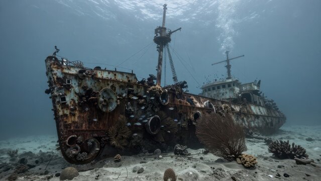 Rusty abandoned shipwreck lying on the sandy ocean floor surrounded by coral reefs and marine life under clear blue water with natural sunlight filtering from the surface