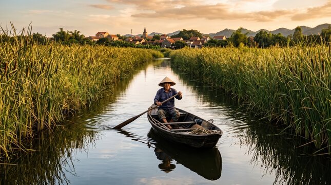 Fisherman rowing small wooden skiff through narrow reed lined channel toward distant village, traditional hat and oar movement in rural waterway at golden hour
