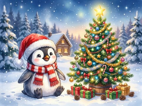 Cute penguin wearing a red santa hat and scarf sitting next to a decorated christmas tree with gifts in a snowy winter landscape