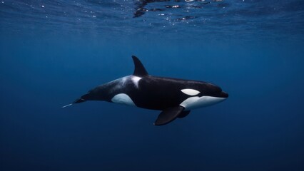 Fototapeta premium Majestic killer whale orca swimming gracefully in deep blue ocean water with sunlight rays filtering from the surface in a serene underwater marine environment during daytime