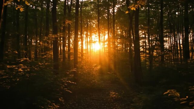 Forest at sunset sun is bright silhouetting trees