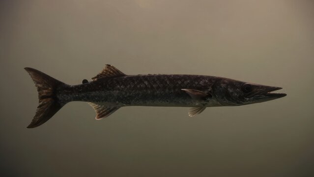 Large predatory barracuda fish swimming solo in murky underwater environment with dramatic silhouette lighting and dark moody atmosphere in deep ocean water