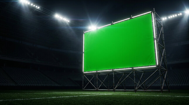 Large green screen billboard on scaffolding in a dark sports stadium at night with floodlights