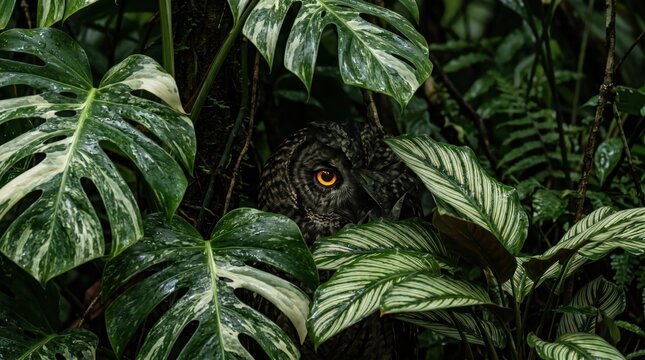 Closeup of owl eye peering from dense variegated monstera and calathea leaves in shadowy tropical undergrowth conveying stealthy camouflage and mystery