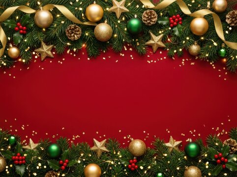 Christmas background with golden ornaments and pine branches framing a red center for holiday greeting cards and festive designs