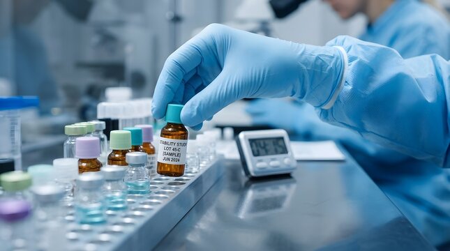 Scientist in blue protective gloves handling pharmaceutical vaccine vial in clinical laboratory research environment